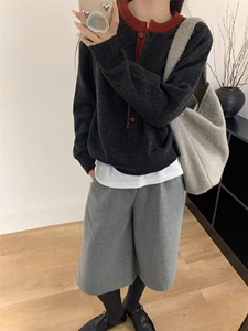 春季简约百搭舒适休拼色羊毛加浣熊针织开衫长袖图片