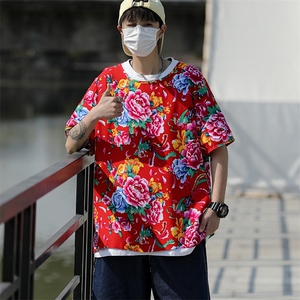HT202男士夏大码人棉大花红黑圆领短袖透气凉爽TEE恤棉纱风图片