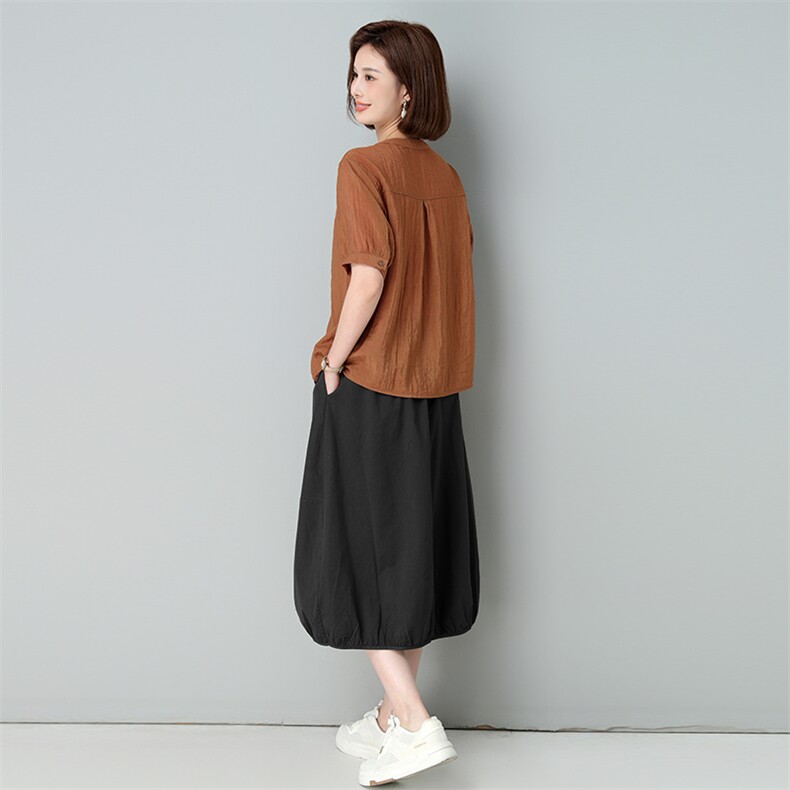 EAMODE小众设计感下摆松紧花苞亚麻半身裙棉麻中长裙松紧腰透气，女装套装/套裙，秋牧寒烟