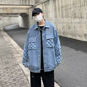 美式棋盘格复古情侣春装牛仔夹克外套男水洗褂衣拼接MB52-P65图片