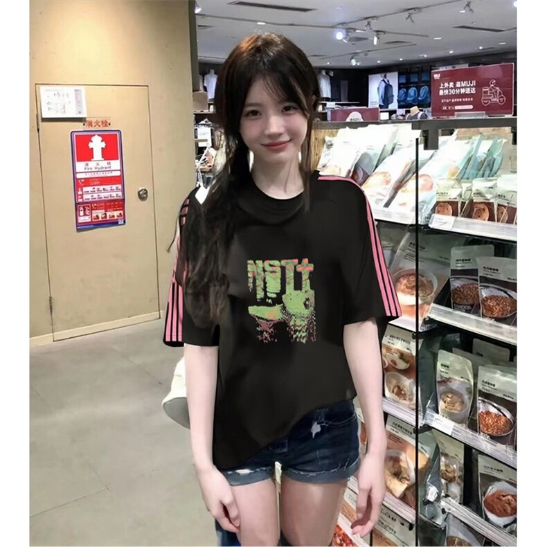 抖音得物品质二开240克宽松纯棉美式潮牌印花三条杠中性风短袖T恤，男装T恤，电商A486