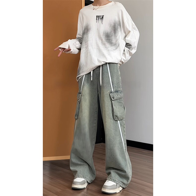 2025秋季新款织带条纹工装牛仔裤男美式阔腿裤子-A2187TP55控98,男装牛仔裤,电商B241