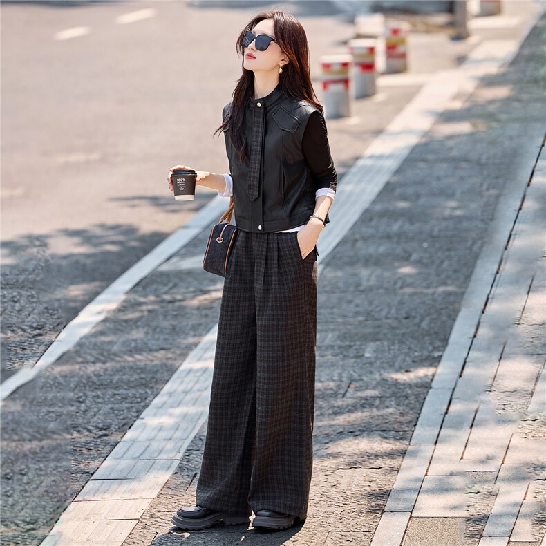 复古格纹拼接皮衣马甲阔腿裤套装女2025秋季新款高级感时尚两件套,女装套装/套裙,采品优优