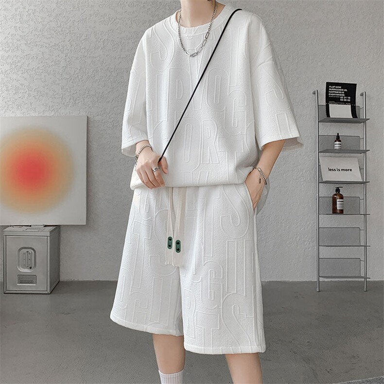 套装男夏季新款港风宽松设计字母短袖五分裤一套TZ8352-P45，男装牛仔裤，星座214-3