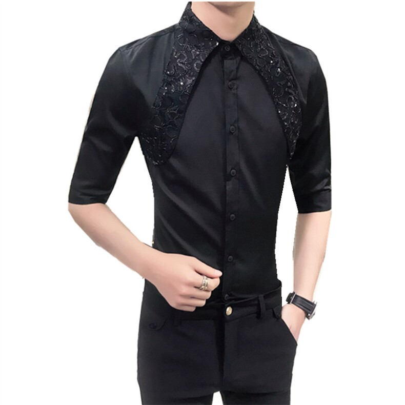 19夏男韩版修身衬衫发型师七分袖工作服夜店蕾丝亮片中袖D42,男装衬衫,星座419（原A233）