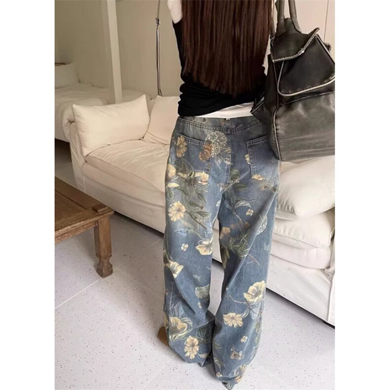 复古印花阔腿牛仔裤女薄款夏季2025年小众设计直筒拖地裤N7719,男装牛仔裤,星座1116A（原606A-3）