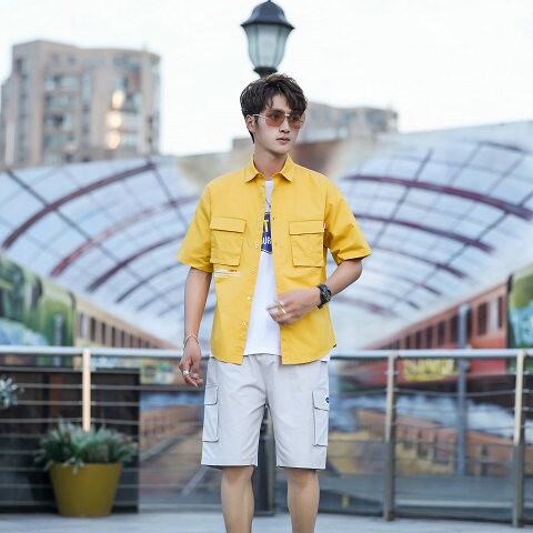工装短袖衬衫套装潮男装3件套搭配帅气短裤网红休闲C003图片