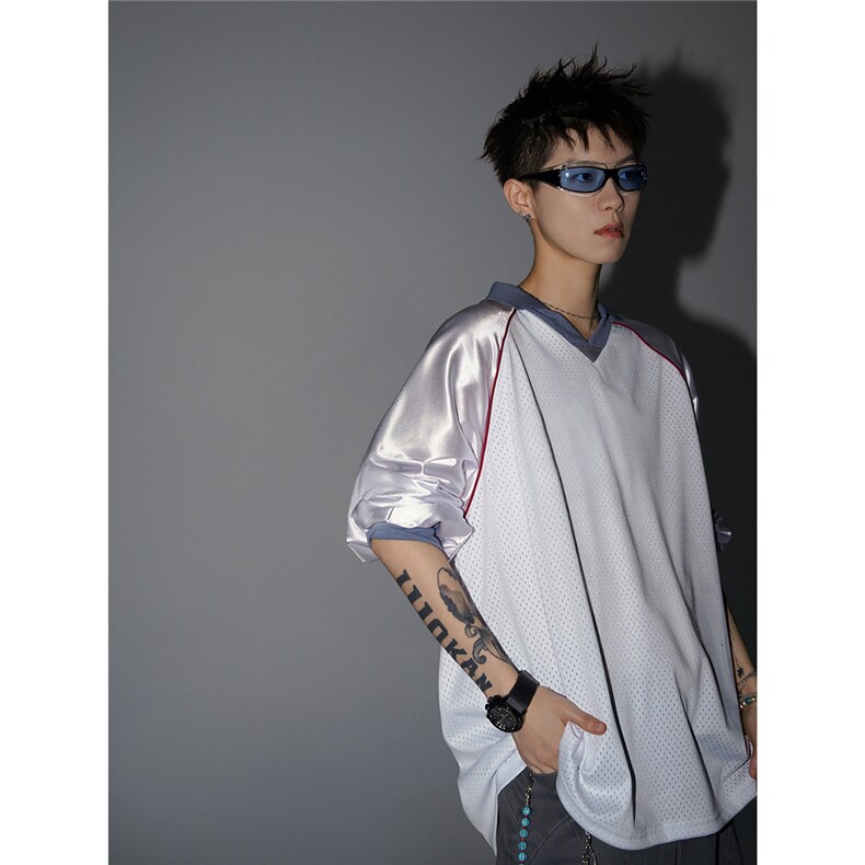 可二开美式POLO衫大码M-5XL拼接V领球衣长袖T恤男CX78111P45控69，男装Polo衫，星座226-1