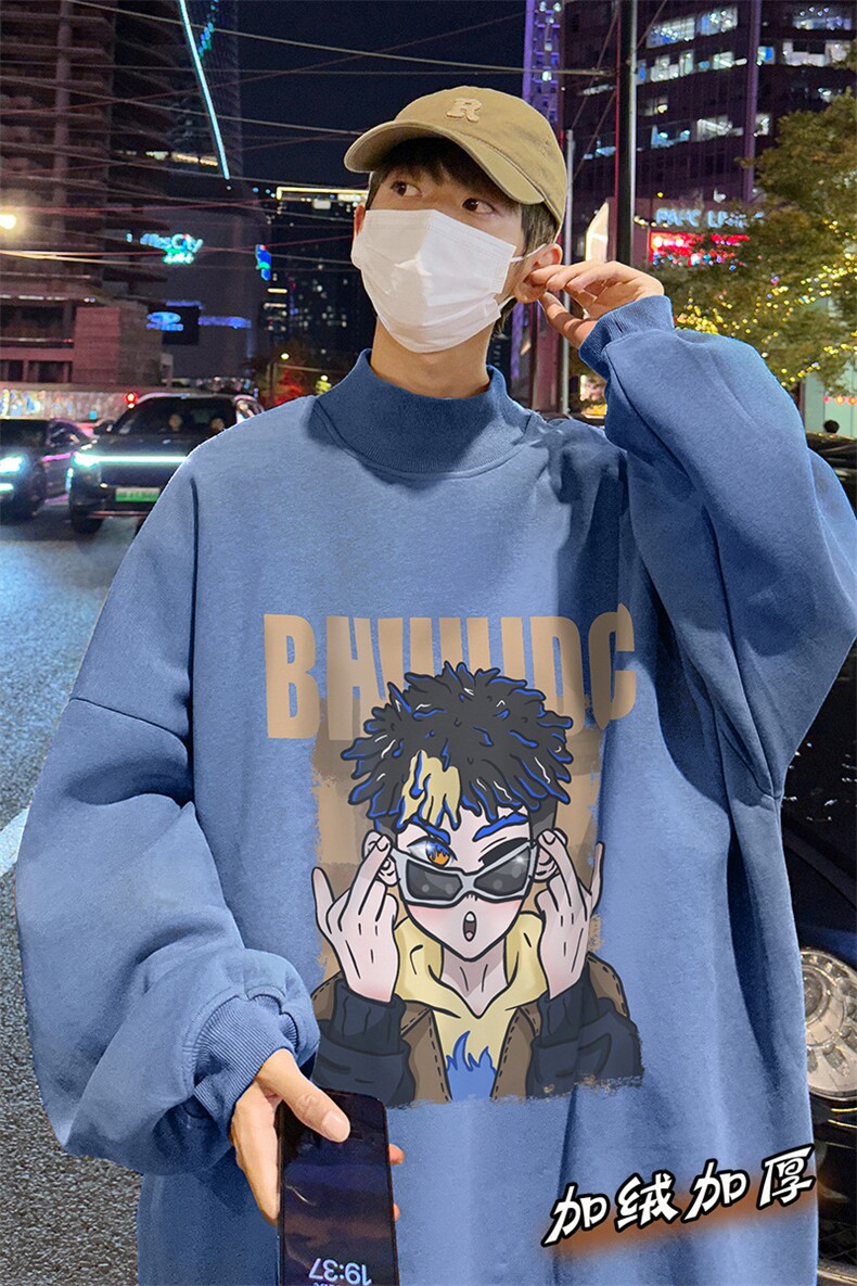 加绒加厚高领卫衣卡通印花落肩袖情侣款打底衫男XZ514-2-G72-P48,男装T恤,星座514-2(原B239)