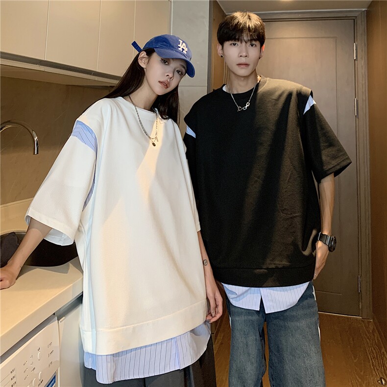 情侣装港风设计条纹衬衫拼接潮情侣短袖T恤上衣男G1052P45女,男装T恤,电商A339