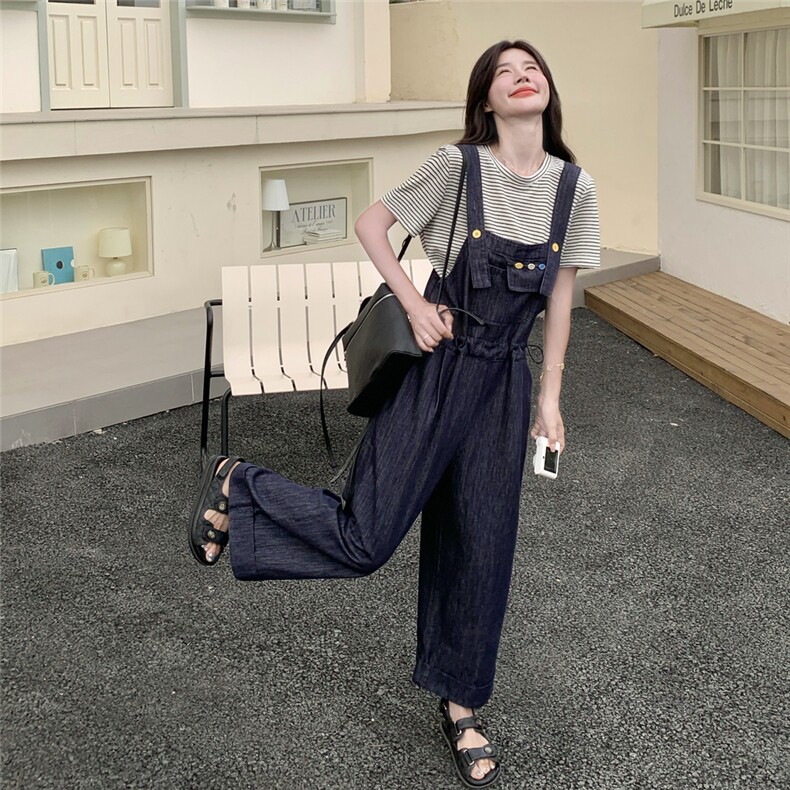 盐系学院风牛仔背带裤套装夏女2025新款宽松条纹T恤休闲两件套女,女装套装/套裙,2C012