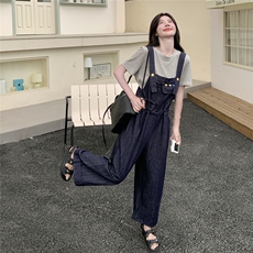 盐系学院风牛仔背带裤套装夏女2025新款宽松条纹T恤休闲两件套女，女装套装/套裙，2C012