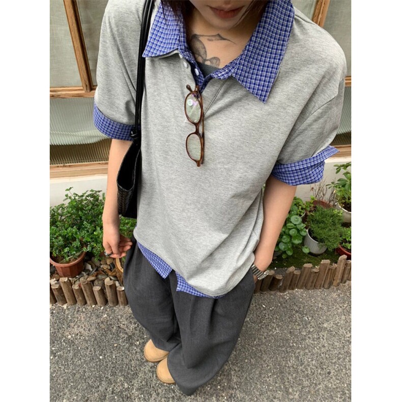 得物抖音高品质二开 夏季美式潮牌高街假两件格子衬衣翻领短袖T恤图片