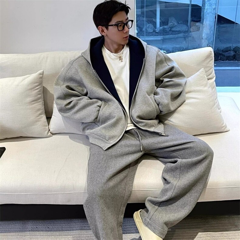 美式潮牌慵懒风拼色双拉链设计2025春季新款连帽休闲长袖男装上衣,男装卫衣,星座715-4