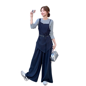 轻熟风韩系长袖打底套装女秋季2025新款收腰吊带垂感阔腿裤三件套图片