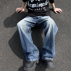 美式高街vibe闪电爆裂纹蓝色牛仔裤男潮直筒微喇cleanfit显瘦裤子，男装牛仔裤，星座410-7