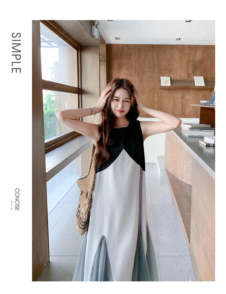 时尚无袖圆领撞色拼接连衣裙,女装连衣裙,2C278