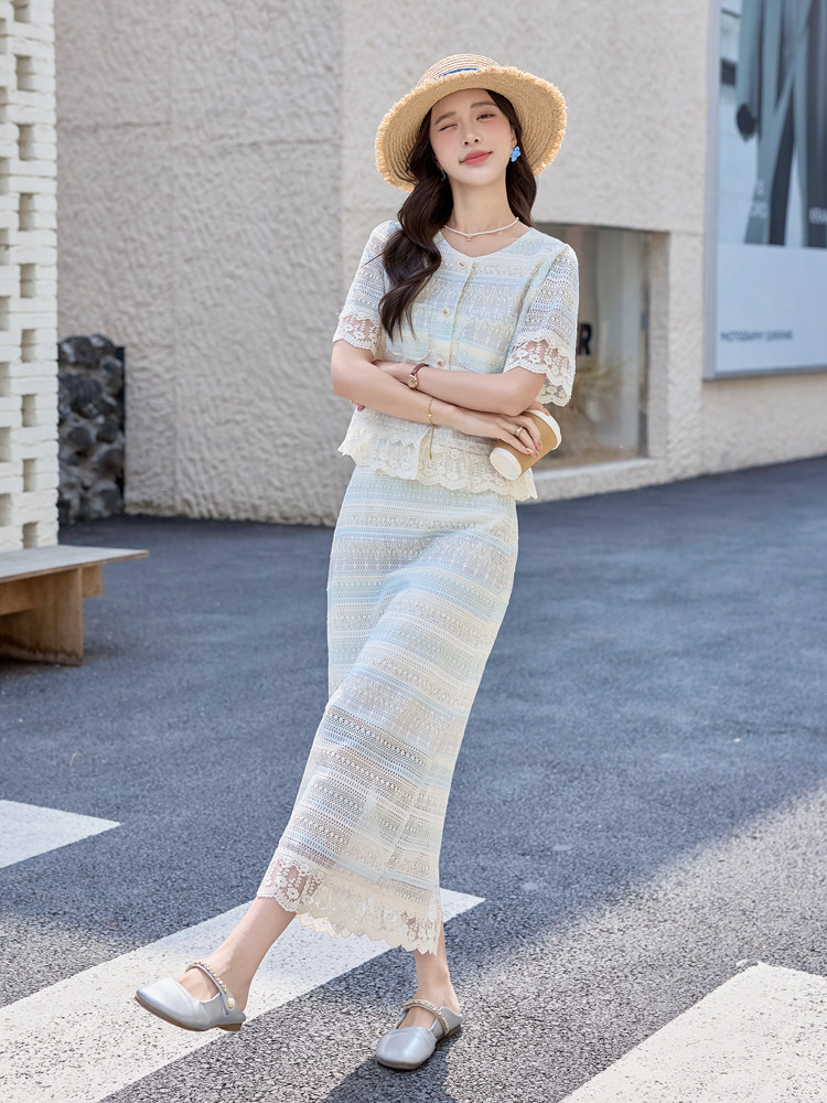 2025新款夏季法式超好看蕾丝拼接短袖上衣长裙套装女,女装套装/套裙,丽美静依