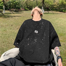 DSA028-DS2402100聚酯P30新款鹿皮绒满天星压标T恤宽松打底半袖，男装T恤，电商A028