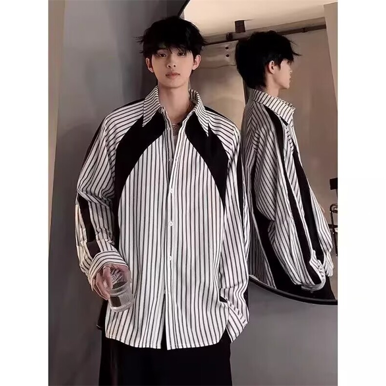 2025美式条纹拼接衬衫男宽松廓形休闲百搭情侣款衬衣上衣CSX821,男装衬衫,星座516A