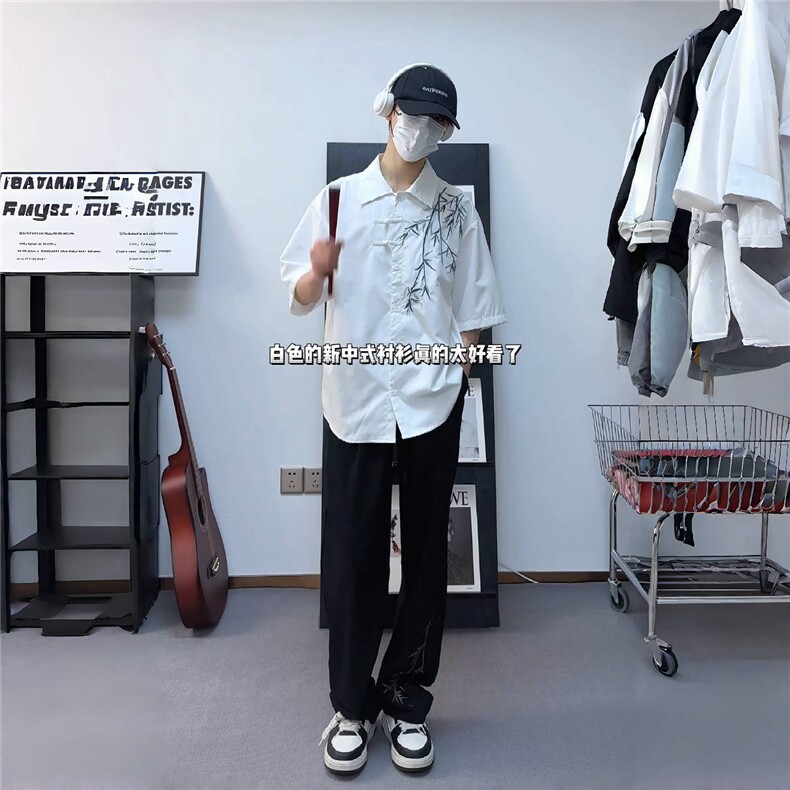 新中式男装风刺绣竹子短袖衬衫男款七分袖衬衣1007-H60-特P35图片