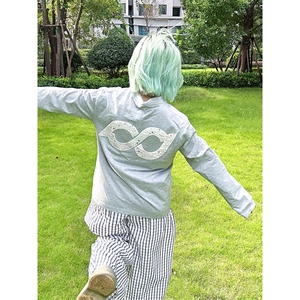 网图有货小香风字母刺绣圆领纯棉束口长袖男女情侣上衣A837-P40