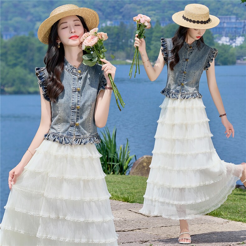 （新款现货）2026夏装时尚薄牛仔小飞袖上衣+蛋糕超仙纱裙两件套图片