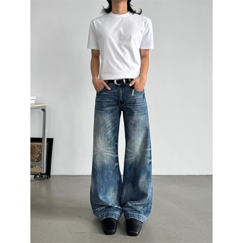 美式复古高街水波纹设计感微喇牛仔裤男女宽松直筒拖地长裤NZ9002,男装牛仔裤,星座516A