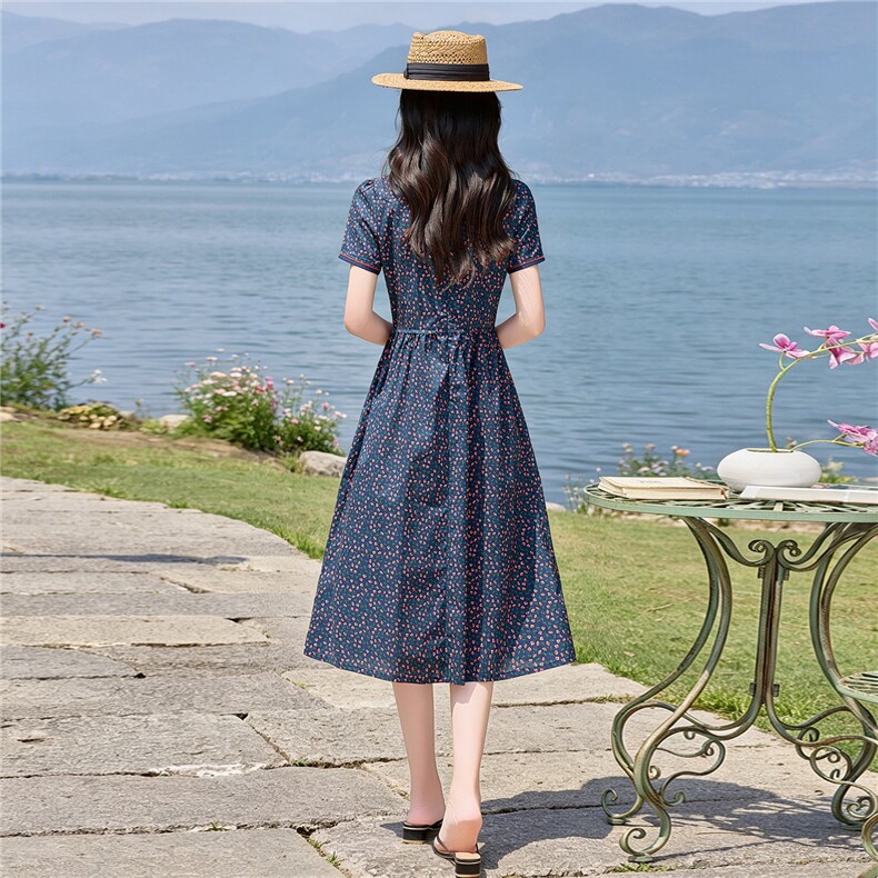 田园风斜领碎花刺绣连衣裙女春夏收腰显瘦中长裙（细节图颜色为）,女装连衣裙,水衣源