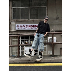 现货~美式高街工装牛仔短裤男复古宽松直筒中裤七分裤A3125-特P45，男装牛仔裤，星座1004-3