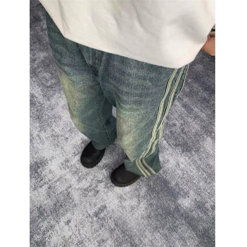 三条杠织带复古牛仔裤欧美炸街裤子男小众水洗休闲直筒裤潮,男装牛仔裤,星座410-7