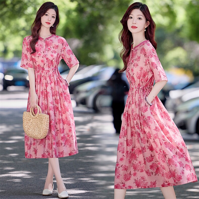 文艺温柔风碎花连衣裙女2025夏季短袖气质减龄收腰显瘦亚麻长裙子，女装连衣裙，魅影
