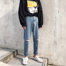 韩版潮流牛仔裤男女简约小脚百搭老爹裤九分裤港风N/，男装牛仔裤，电商D202