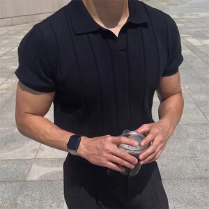 轻熟风韩系竖条纹V领设计纹理高级感冰丝短袖POLO衫PL100/P55图片