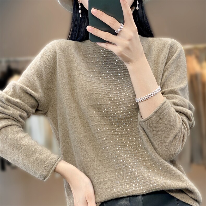 秋冬新款烫钻衫女式堆堆领套头打底毛衣宽松慵懒羊毛衫超软糯,针织衫/毛衣,唯若美羊绒