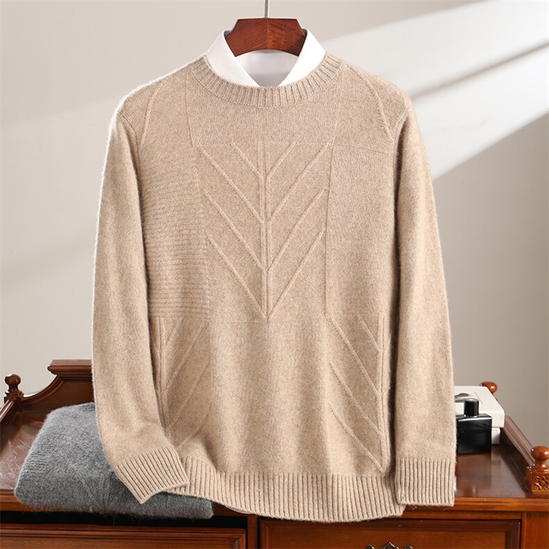 秋冬季35%羊绒简约休闲百搭商务7针双股花型圆领羊绒衫男装，男装羊绒套衫，云暖羊山羊绒