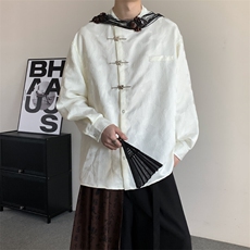 春装2025小众新中式刺绣提花衬衫设计感立领立领复古衬衣长袖，男装衬衫，星座909