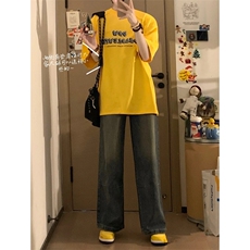 黄色重磅t恤美式正肩纯棉垫肩短袖阔肩半袖T恤T2459-P45，男装T恤，星座1213