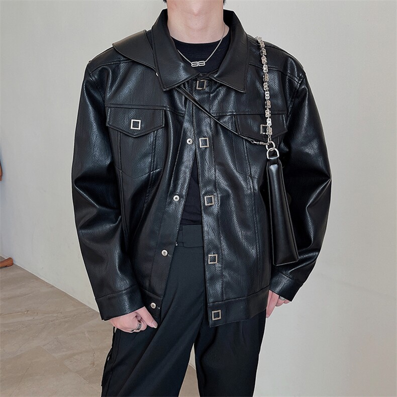 秋冬小众设计感PU皮衣外套男大纽扣设计轻熟短款皮夹克JK2325P145,男装皮衣,电商B267