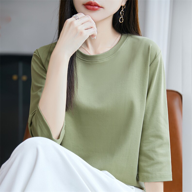 夏季新款七分袖女圆领纯棉t恤宽松百搭薄款内搭半袖打底衫上衣,女装T恤,羊秋羊绒