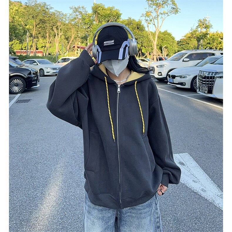 抖音得物二开美式高街重磅结构双层撞色连帽卫衣开衫外套W116,女装短外套,电商A486-1