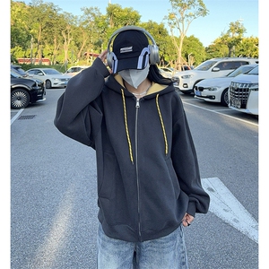 抖音得物二开美式高街重磅结构双层撞色连帽卫衣开衫外套W116图片