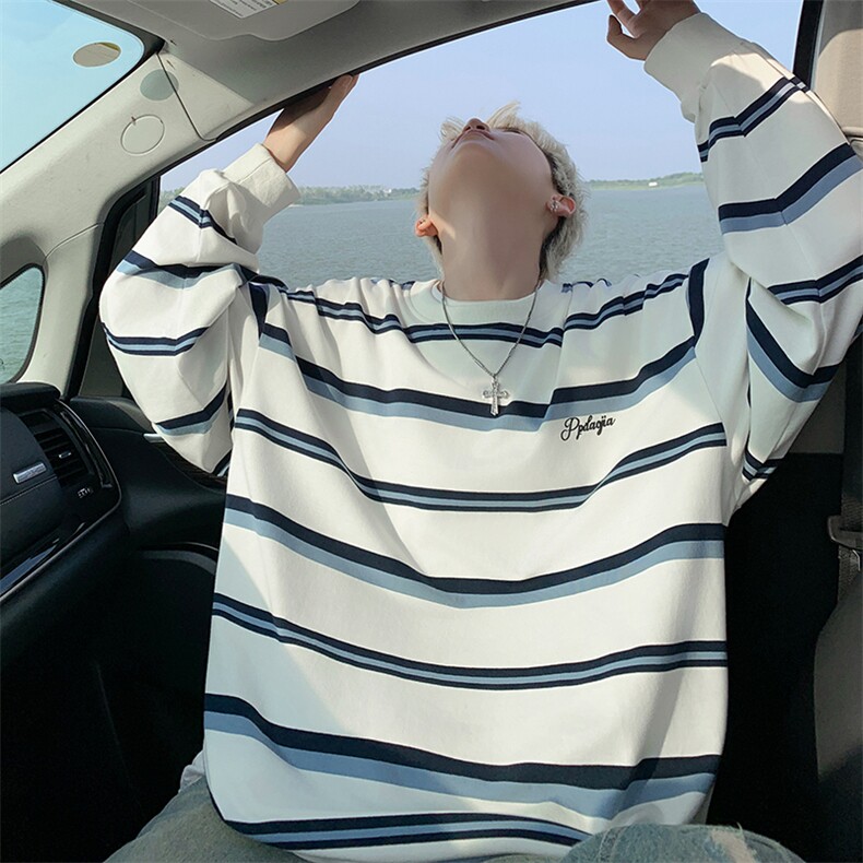 彩色条纹卫衣男款春秋美式复古青少年长袖t恤高级感内搭打底外套,男装T恤,电商A001-1