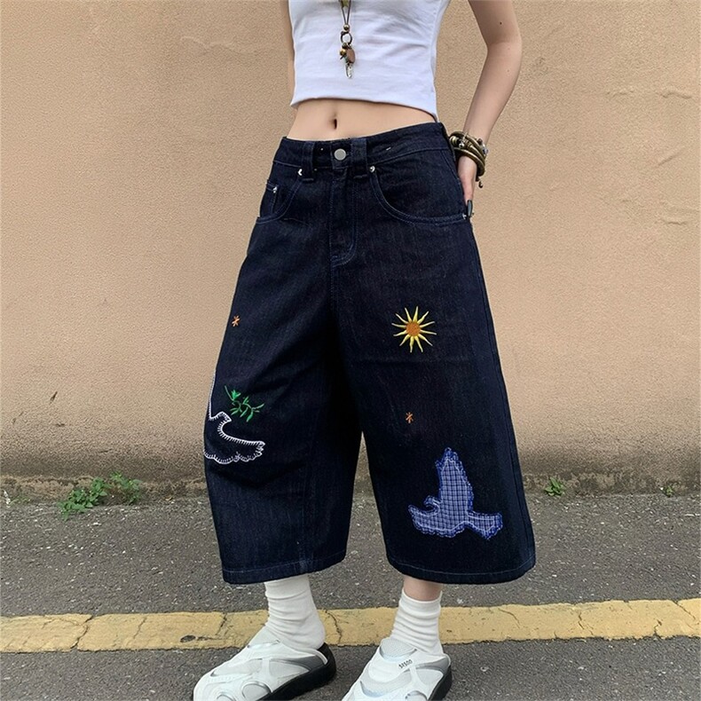 美式刺绣小鸟七分牛仔裤女夏季新款宽松阔腿百搭牛仔短裤,男装牛仔裤,星座506A