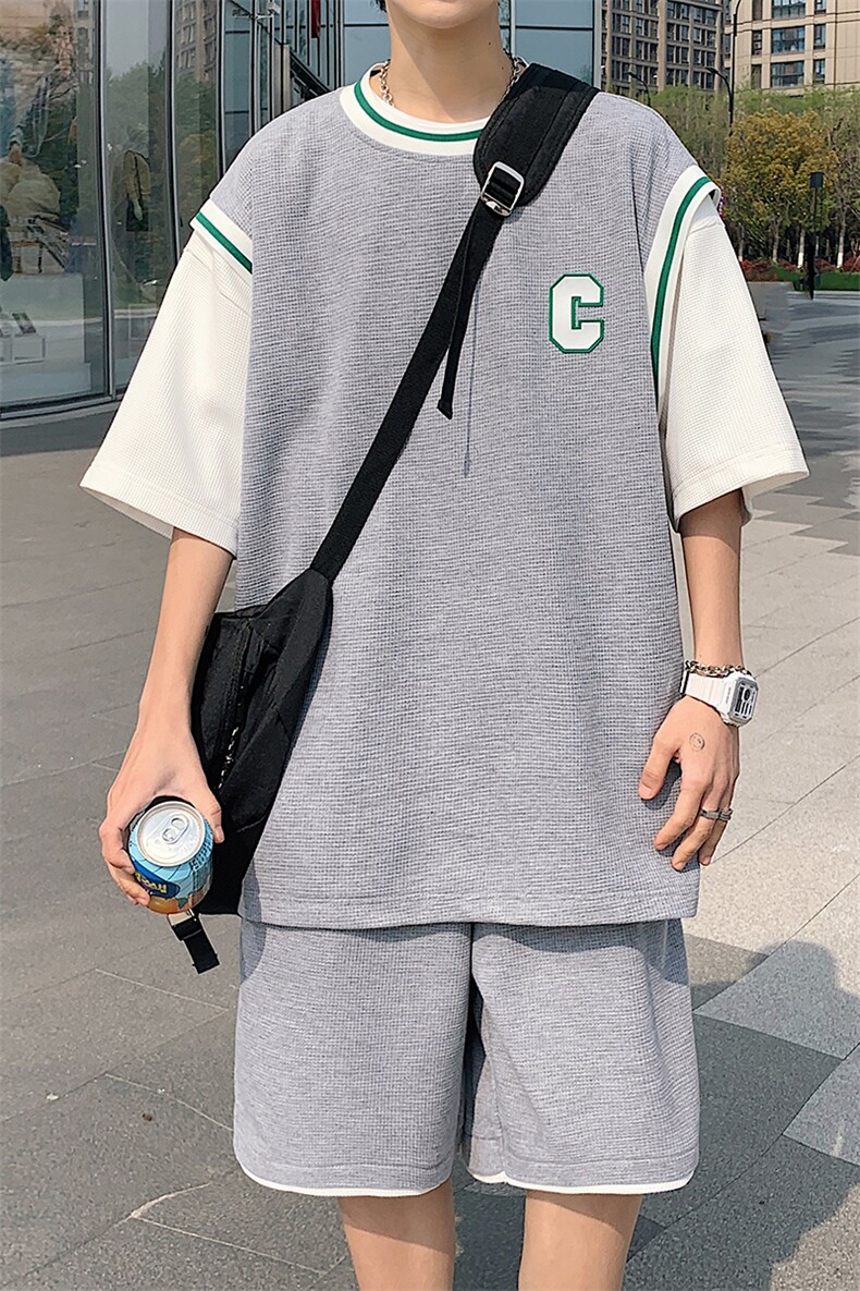 2025夏季华夫格套装男青少年T恤短裤两件套港风套装TZ2237-P55,男装牛仔裤,电商A062