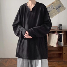 美式高街V领卫衣男春夏季纯色休闲百搭肌理感重磅加绒白色长袖T恤，男装T恤，星座506A