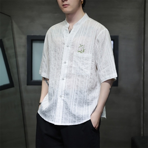 新中式风潮T恤短袖衬衫刺绣汉服时尚天丝透气T2420-P65
