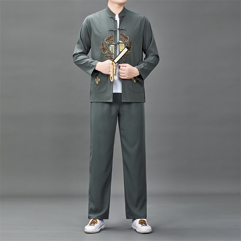 中老年唐装爸爸春装长袖风棉麻套装爷爷老人复古绣花太极服,男装休闲套装,钱塘6003B