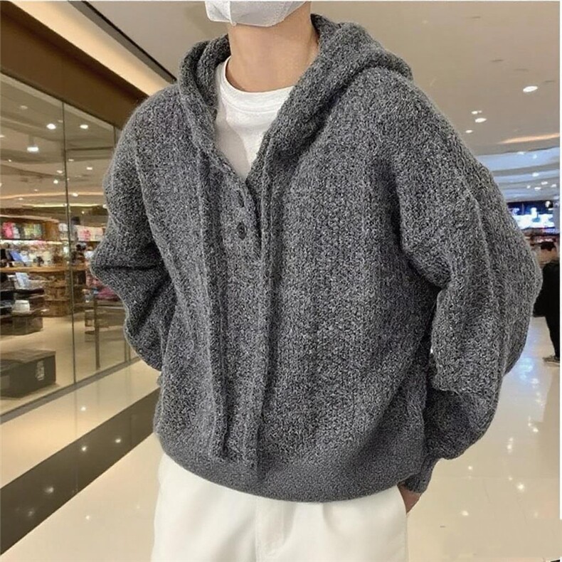 慵懒风软糯连帽针织衫男秋冬季高级感潮牌复古宽松休闲纯色毛线衣,男装针织衫/毛衣,星座601-1