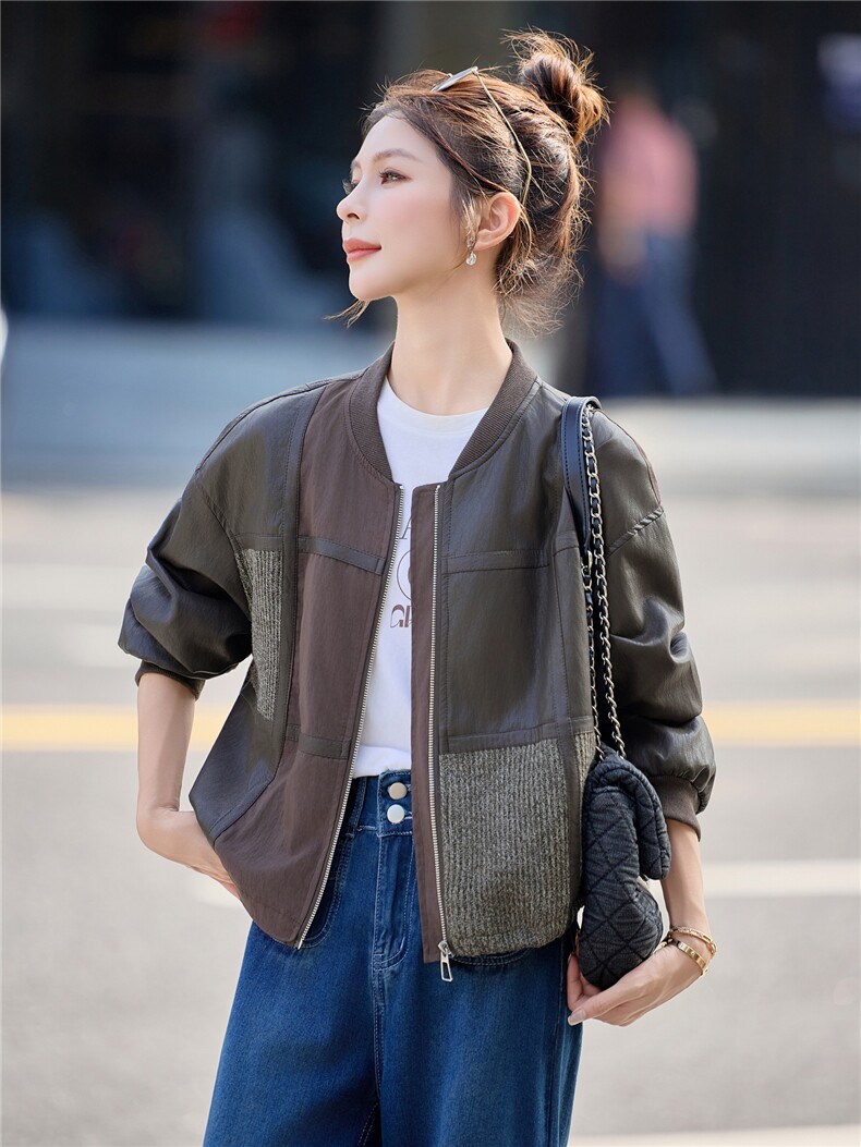 时尚个性拼接撞色皮衣外套PU女2025秋季新款短款上衣,女装短外套,余墨